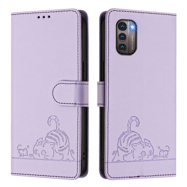 For Nokia G21 / G11 Cat Rat Embossed RFID Leather Phone Case with Lanyard