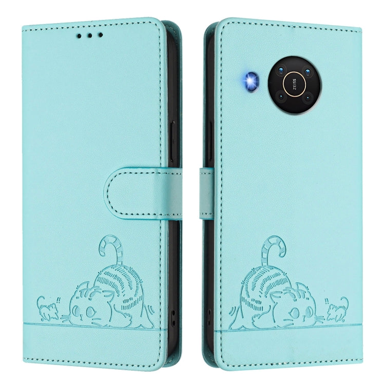 For Nokia X20 / X10 Cat Rat Embossed RFID Leather Phone Case with Lanyard