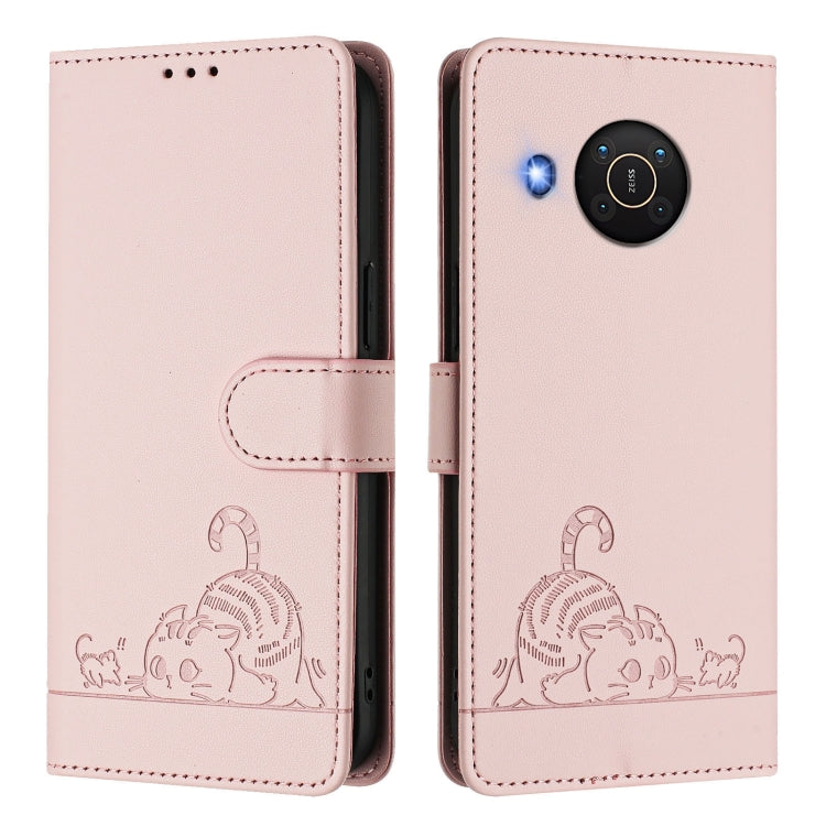 For Nokia X20 / X10 Cat Rat Embossed RFID Leather Phone Case with Lanyard