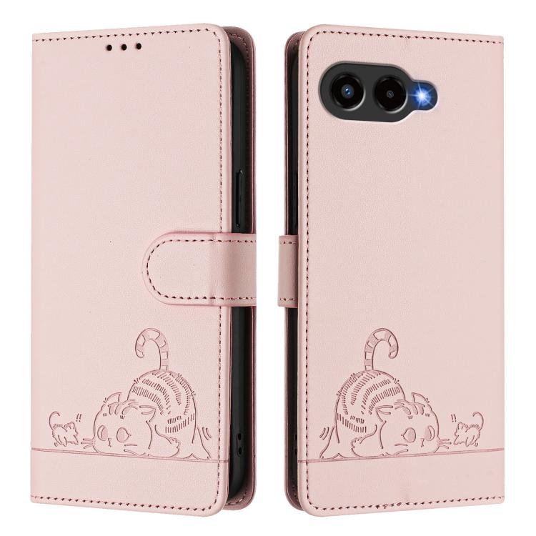 For T-Mobile Revvl 8 Cat Rat Embossed RFID Leather Phone Case with Lanyard