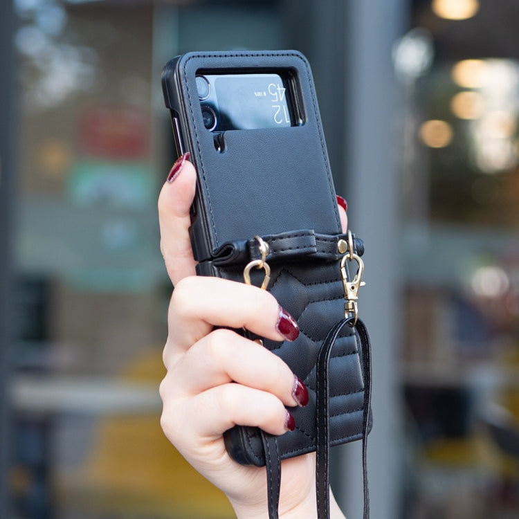 For Samsung Galaxy Z Flip4 V-shaped Crossbody Lanyard Leather Phone Case