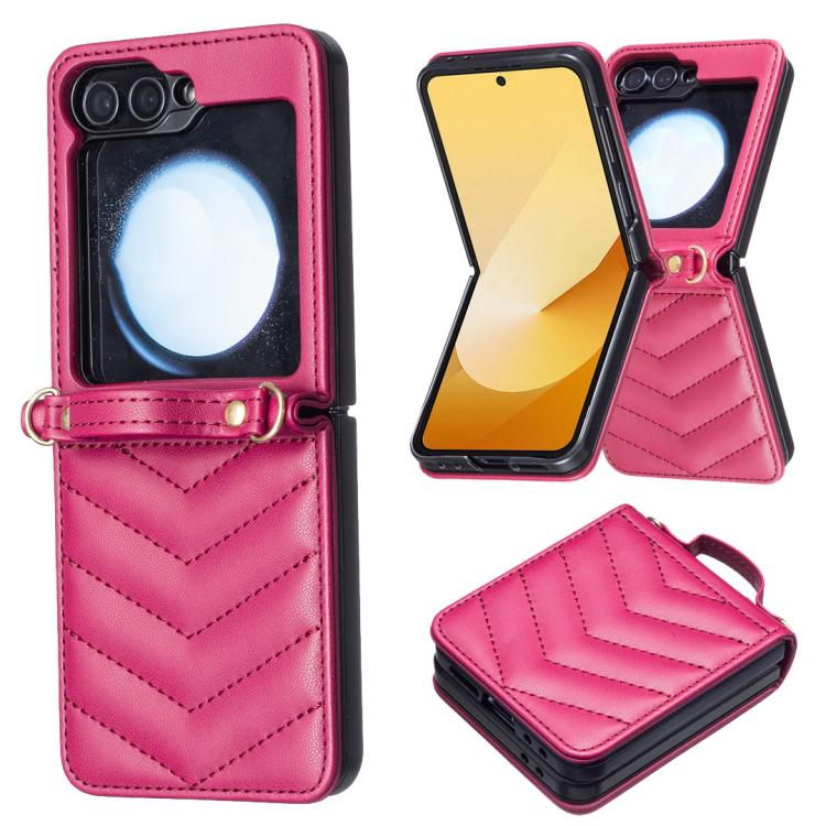 For Samsung Galaxy Z Flip7 Wave-shaped Crossbody Lanyard Leather Phone Case