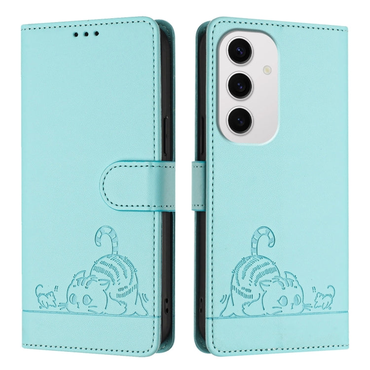 For Samsung Galaxy S24 FE 5G Cat Rat Embossed Pattern RFID Leather Phone Case with Lanyard