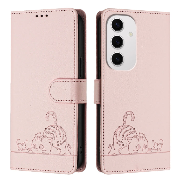 For Samsung Galaxy S24 FE 5G Cat Rat Embossed Pattern RFID Leather Phone Case with Lanyard