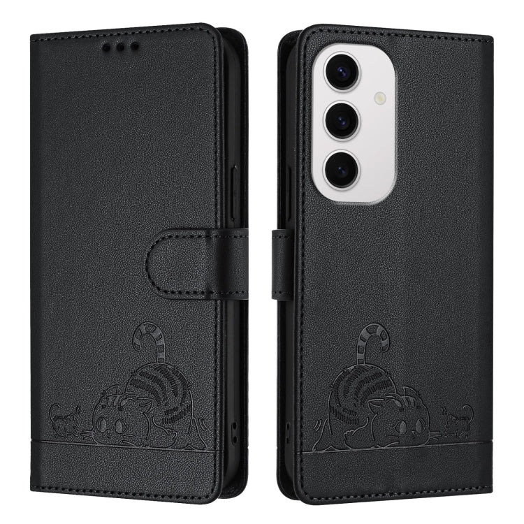 For Samsung Galaxy S24 FE 5G Cat Rat Embossed Pattern RFID Leather Phone Case with Lanyard