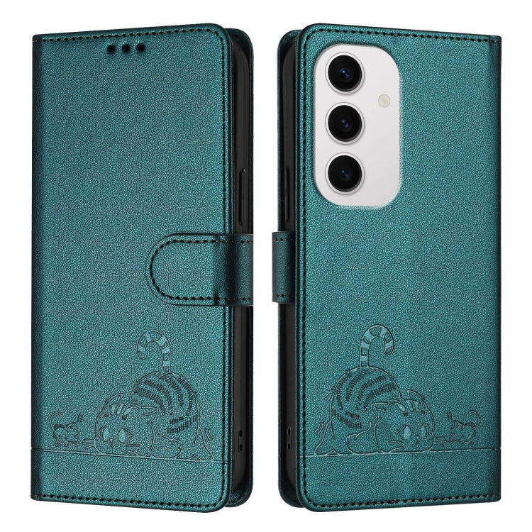 For Samsung Galaxy S24 FE 5G Cat Rat Embossed Pattern RFID Leather Phone Case with Lanyard