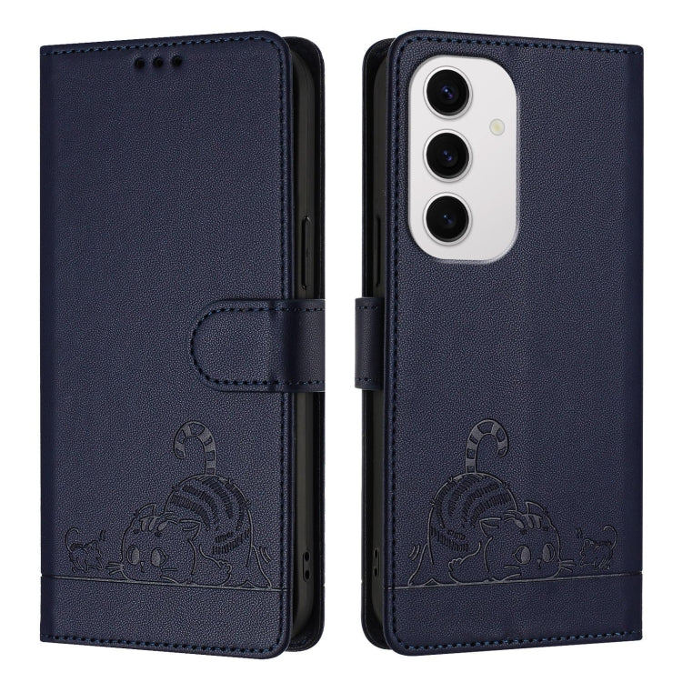 For Samsung Galaxy S24 FE 5G Cat Rat Embossed Pattern RFID Leather Phone Case with Lanyard