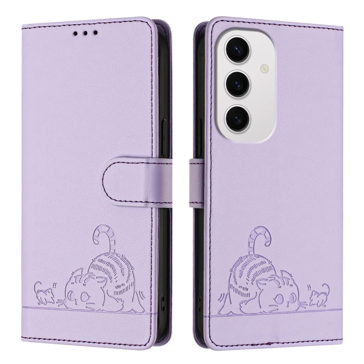 For Samsung Galaxy S24 FE 5G Cat Rat Embossed Pattern RFID Leather Phone Case with Lanyard