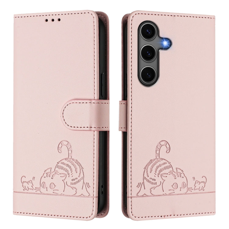 For Samsung Galaxy S25+ 5G Cat Rat Embossed Pattern RFID Leather Phone Case with Lanyard