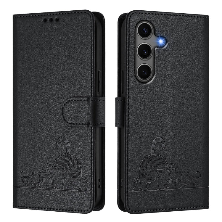 For Samsung Galaxy S25+ 5G Cat Rat Embossed Pattern RFID Leather Phone Case with Lanyard