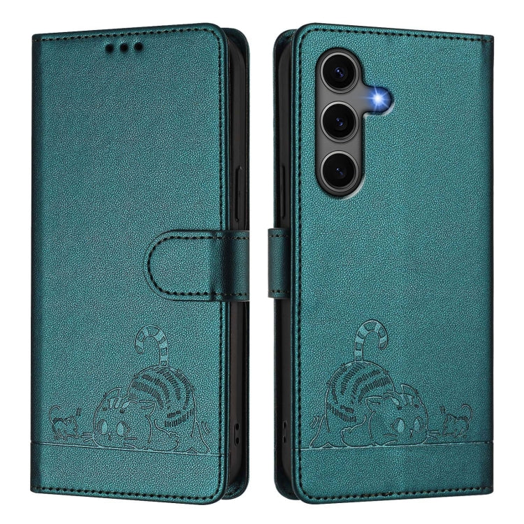 For Samsung Galaxy S25+ 5G Cat Rat Embossed Pattern RFID Leather Phone Case with Lanyard