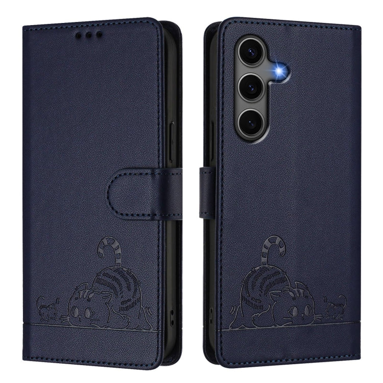 For Samsung Galaxy S25+ 5G Cat Rat Embossed Pattern RFID Leather Phone Case with Lanyard
