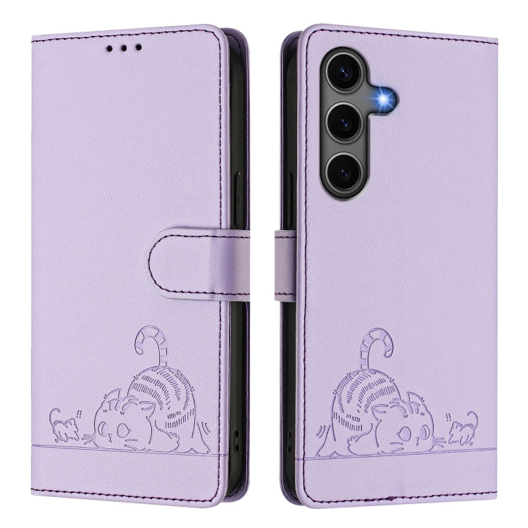 For Samsung Galaxy S25+ 5G Cat Rat Embossed Pattern RFID Leather Phone Case with Lanyard