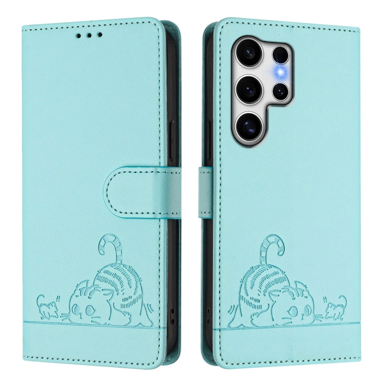 For Samsung Galaxy S25 Ultra 5G Cat Rat Embossed Pattern RFID Leather Phone Case with Lanyard