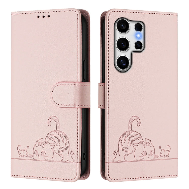 For Samsung Galaxy S25 Ultra 5G Cat Rat Embossed Pattern RFID Leather Phone Case with Lanyard