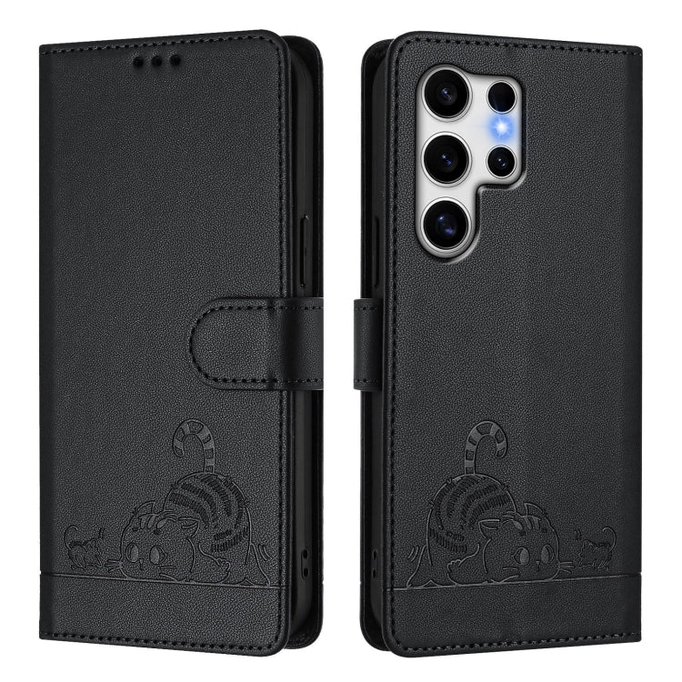For Samsung Galaxy S25 Ultra 5G Cat Rat Embossed Pattern RFID Leather Phone Case with Lanyard