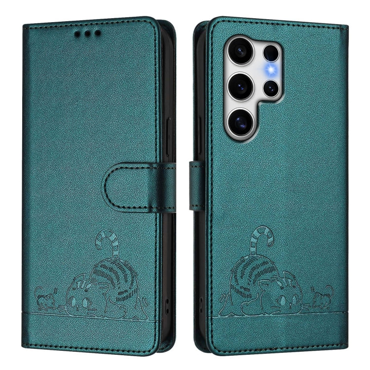 For Samsung Galaxy S25 Ultra 5G Cat Rat Embossed Pattern RFID Leather Phone Case with Lanyard