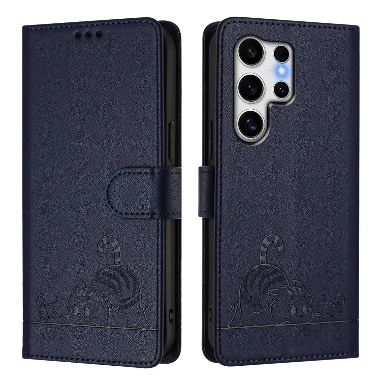 For Samsung Galaxy S25 Ultra 5G Cat Rat Embossed Pattern RFID Leather Phone Case with Lanyard