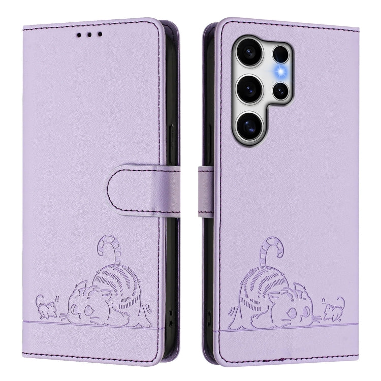 For Samsung Galaxy S25 Ultra 5G Cat Rat Embossed Pattern RFID Leather Phone Case with Lanyard