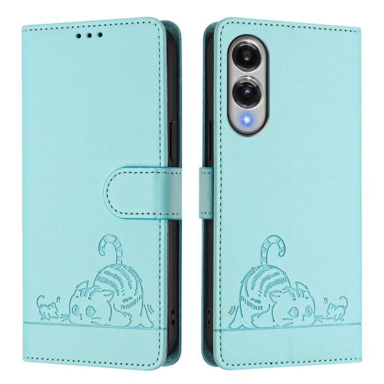 For Samsung Galaxy S25 Edge 5G Cat Rat Embossed Pattern RFID Leather Phone Case with Lanyard