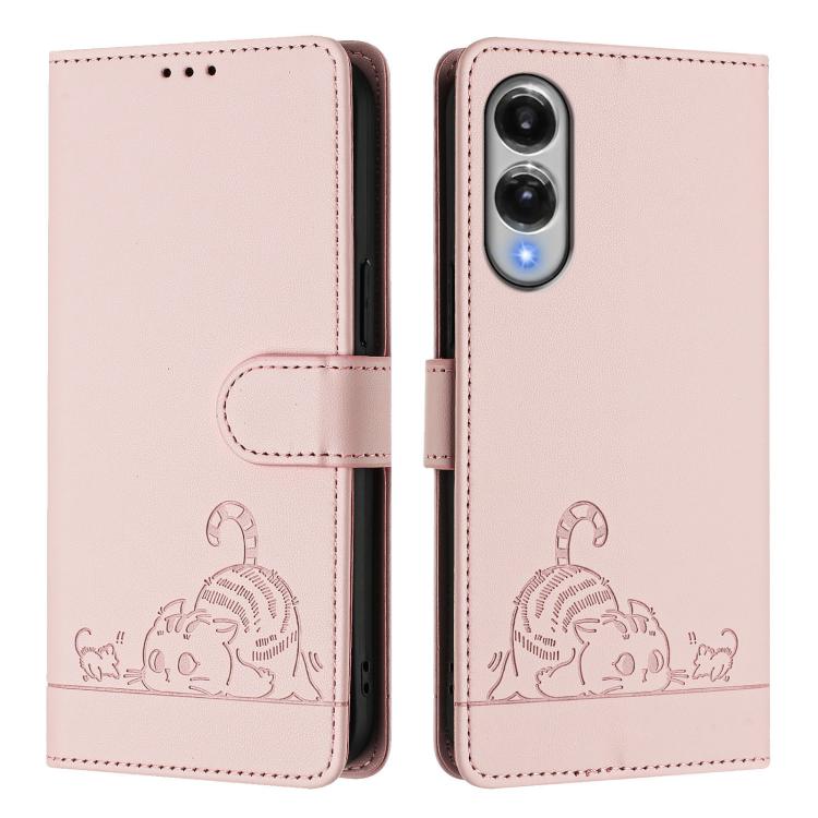 For Samsung Galaxy S25 Edge 5G Cat Rat Embossed Pattern RFID Leather Phone Case with Lanyard