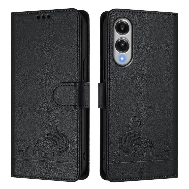 For Samsung Galaxy S25 Edge 5G Cat Rat Embossed Pattern RFID Leather Phone Case with Lanyard