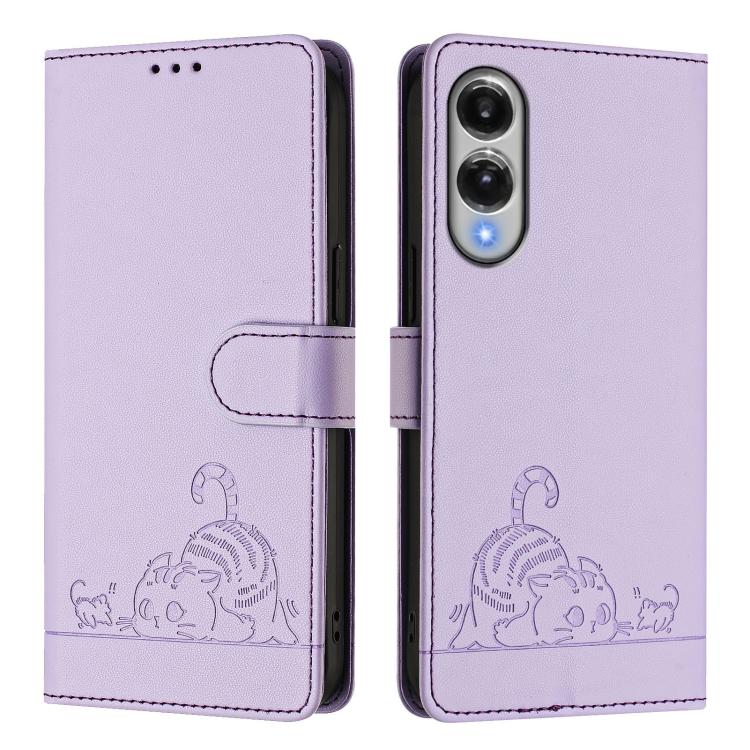 For Samsung Galaxy S25 Edge 5G Cat Rat Embossed Pattern RFID Leather Phone Case with Lanyard