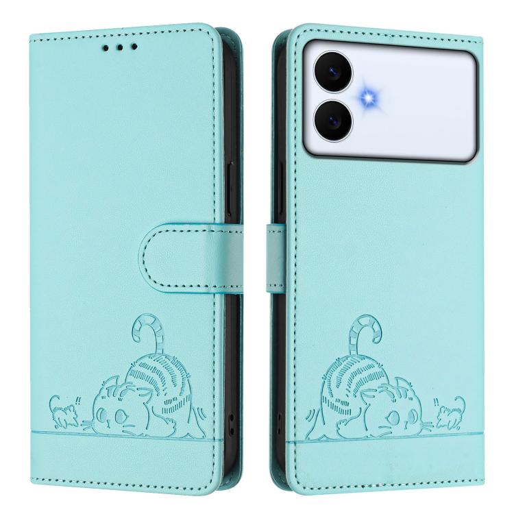 For Samsung Galaxy S26 Edge 5G Cat Rat Embossed Pattern RFID Leather Phone Case with Lanyard