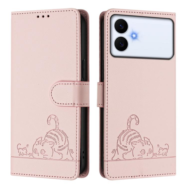 For Samsung Galaxy S26 Edge 5G Cat Rat Embossed Pattern RFID Leather Phone Case with Lanyard