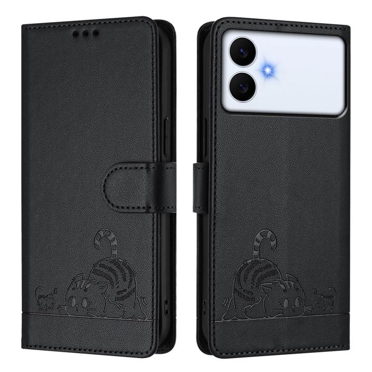 For Samsung Galaxy S26 Edge 5G Cat Rat Embossed Pattern RFID Leather Phone Case with Lanyard