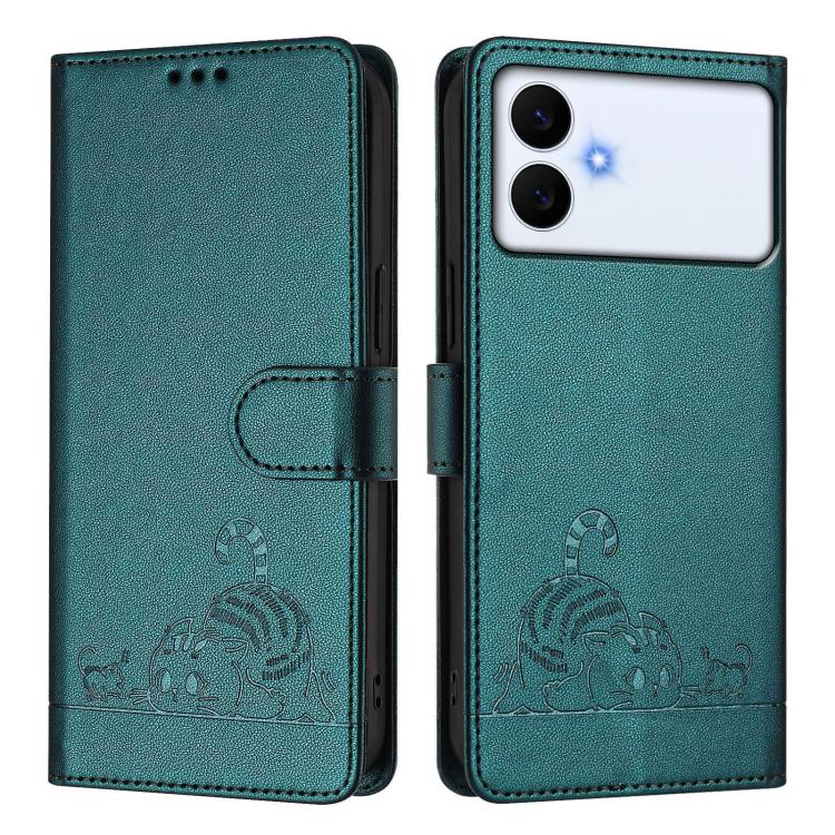 For Samsung Galaxy S26 Edge 5G Cat Rat Embossed Pattern RFID Leather Phone Case with Lanyard