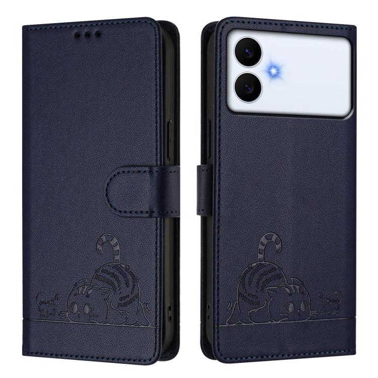 For Samsung Galaxy S26 Edge 5G Cat Rat Embossed Pattern RFID Leather Phone Case with Lanyard