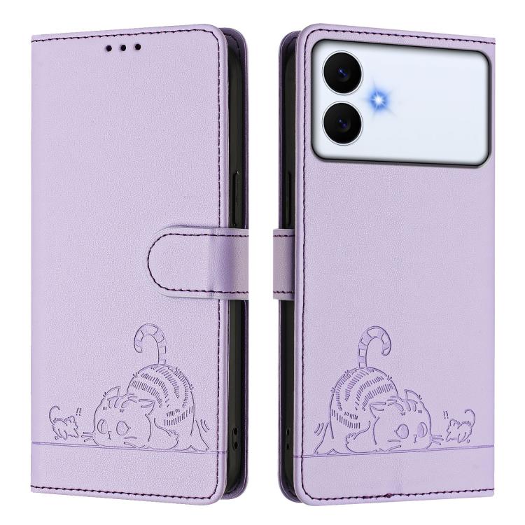 For Samsung Galaxy S26 Edge 5G Cat Rat Embossed Pattern RFID Leather Phone Case with Lanyard