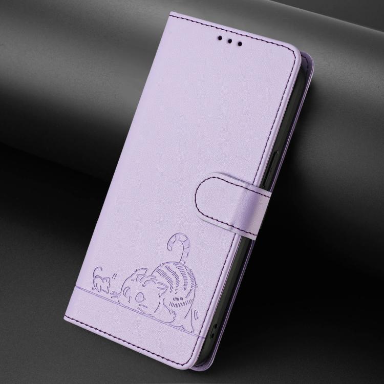 For Samsung Galaxy S26 Edge 5G Cat Rat Embossed Pattern RFID Leather Phone Case with Lanyard
