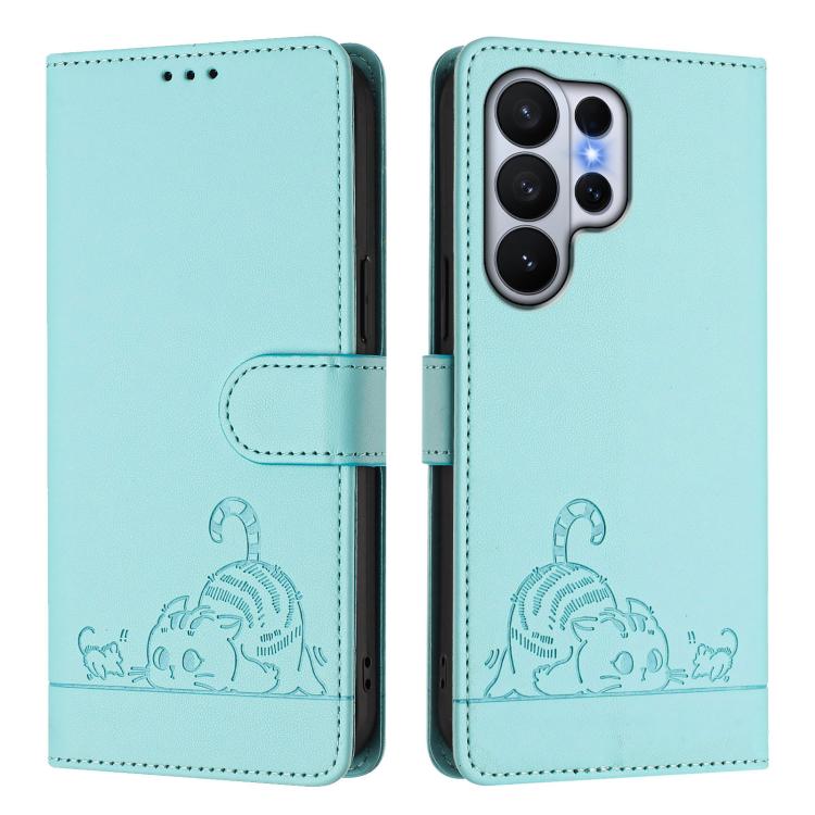 For Samsung Galaxy S26 Ultra 5G Cat Rat Embossed Pattern RFID Leather Phone Case with Lanyard