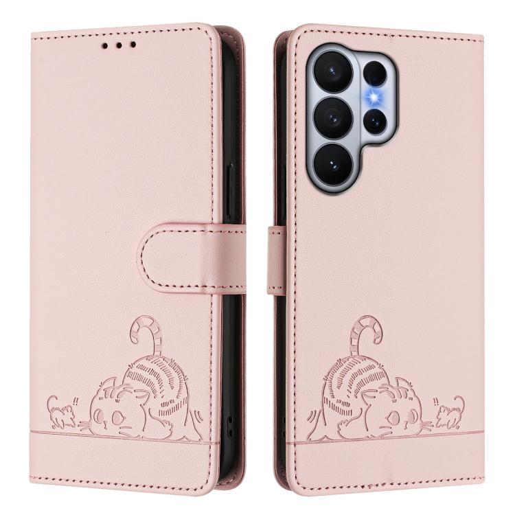 For Samsung Galaxy S26 Ultra 5G Cat Rat Embossed Pattern RFID Leather Phone Case with Lanyard