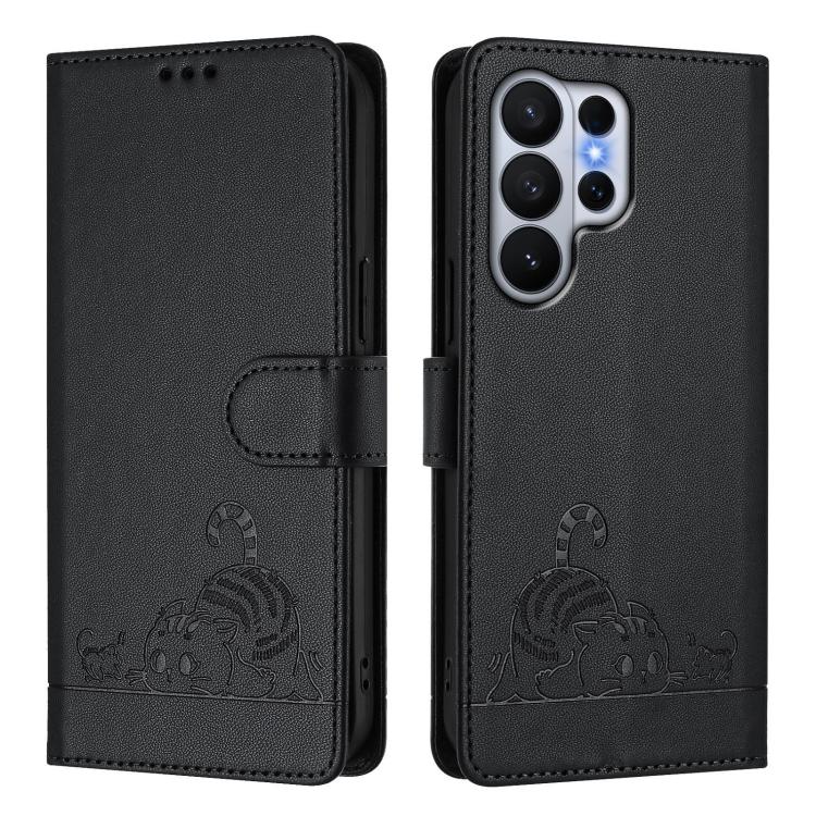 For Samsung Galaxy S26 Ultra 5G Cat Rat Embossed Pattern RFID Leather Phone Case with Lanyard