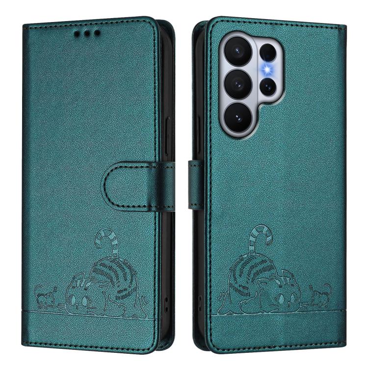 For Samsung Galaxy S26 Ultra 5G Cat Rat Embossed Pattern RFID Leather Phone Case with Lanyard