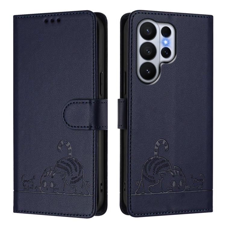 For Samsung Galaxy S26 Ultra 5G Cat Rat Embossed Pattern RFID Leather Phone Case with Lanyard
