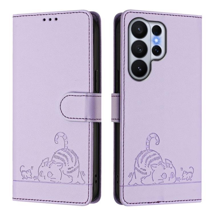 For Samsung Galaxy S26 Ultra 5G Cat Rat Embossed Pattern RFID Leather Phone Case with Lanyard