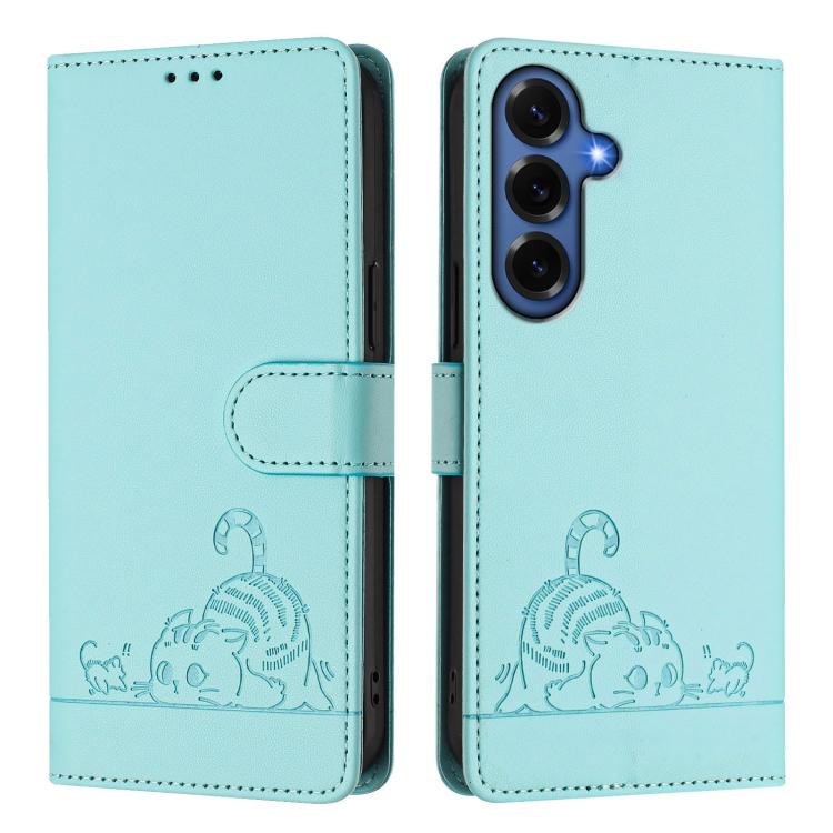 For Samsung Galaxy S26+ 5G Cat Rat Embossed Pattern RFID Leather Phone Case with Lanyard