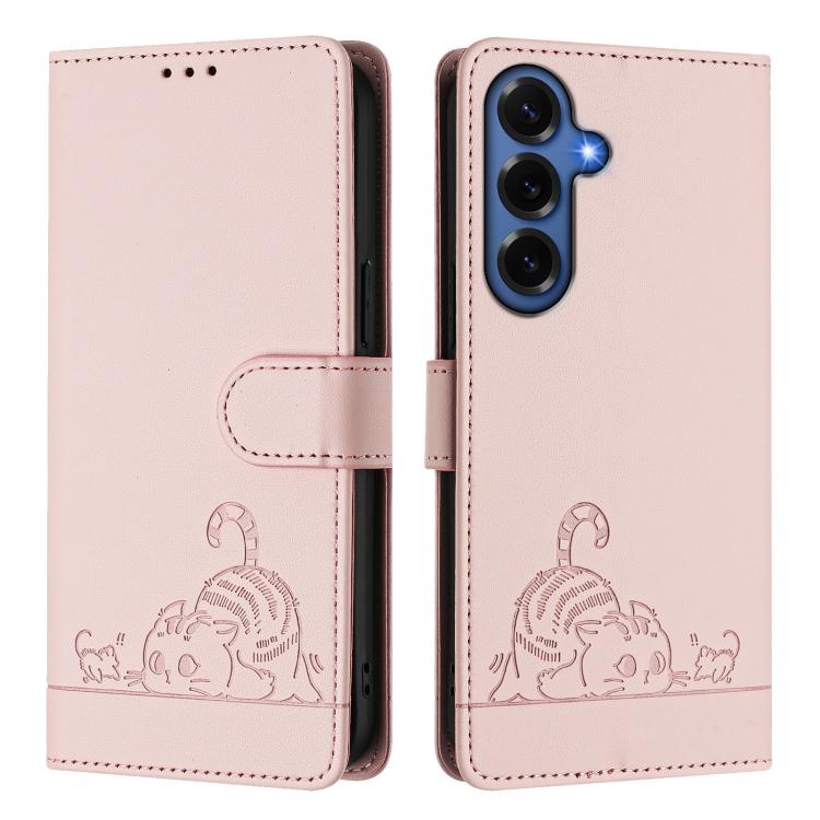For Samsung Galaxy S26+ 5G Cat Rat Embossed Pattern RFID Leather Phone Case with Lanyard