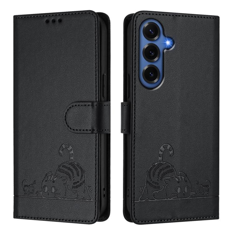 For Samsung Galaxy S26+ 5G Cat Rat Embossed Pattern RFID Leather Phone Case with Lanyard