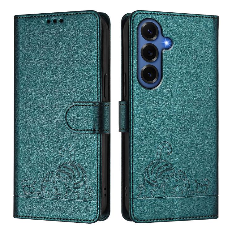 For Samsung Galaxy S26+ 5G Cat Rat Embossed Pattern RFID Leather Phone Case with Lanyard