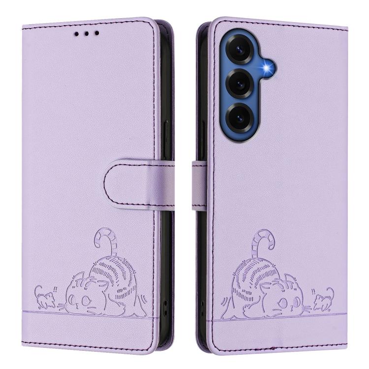 For Samsung Galaxy S26+ 5G Cat Rat Embossed Pattern RFID Leather Phone Case with Lanyard