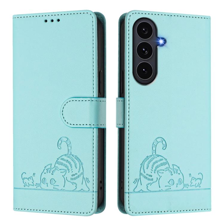 For Galaxy S26 FE 5G Cat Rat Embossed Pattern RFID Leather Phone Case with Lanyard
