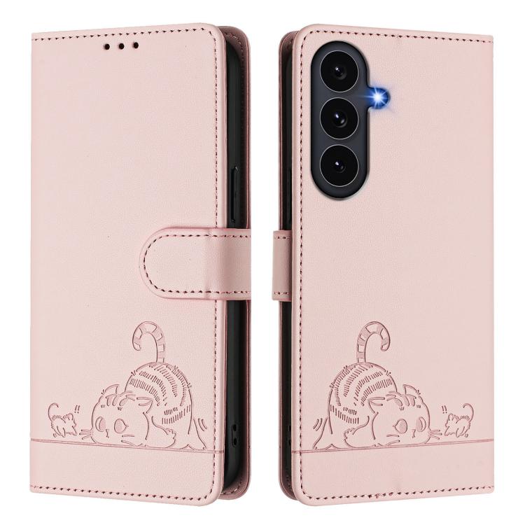 For Galaxy S26 FE 5G Cat Rat Embossed Pattern RFID Leather Phone Case with Lanyard