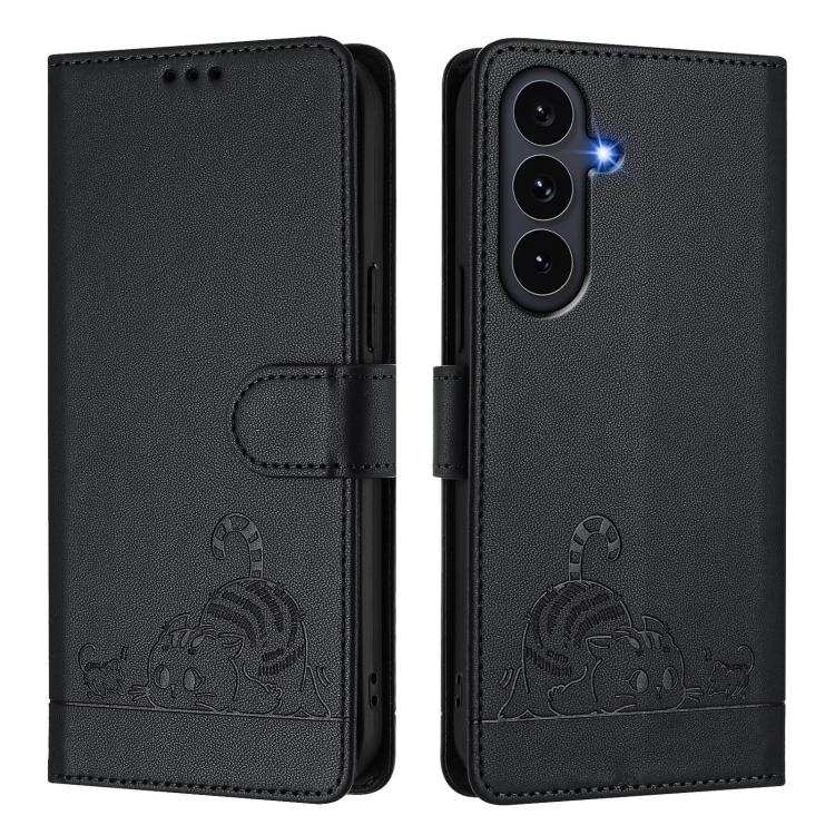 For Galaxy S26 FE 5G Cat Rat Embossed Pattern RFID Leather Phone Case with Lanyard