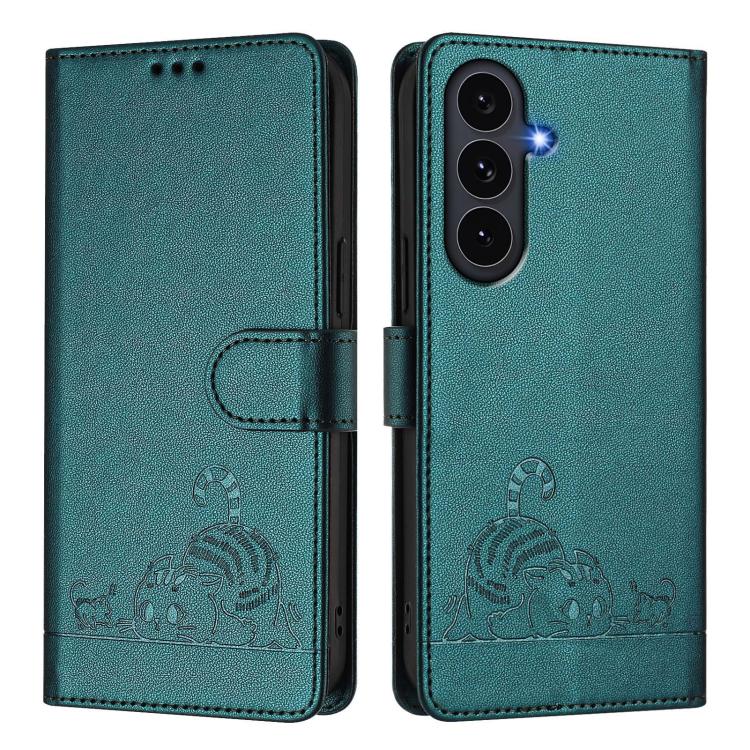For Galaxy S26 FE 5G Cat Rat Embossed Pattern RFID Leather Phone Case with Lanyard