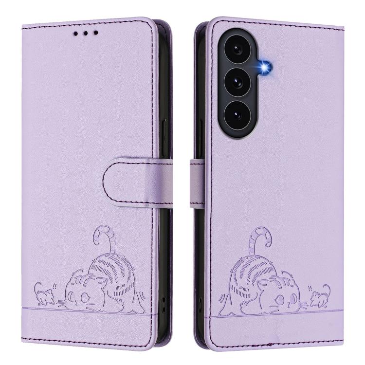 For Galaxy S26 FE 5G Cat Rat Embossed Pattern RFID Leather Phone Case with Lanyard